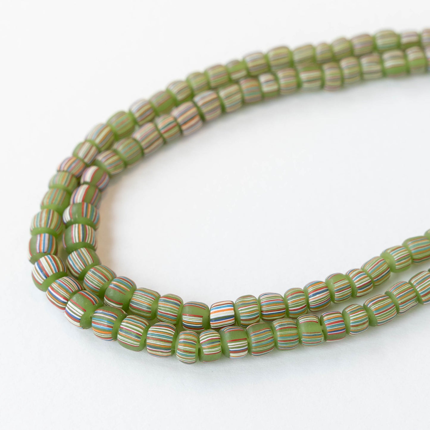 Glass Java Beads - Green with Stripes - Whole or Half Strand
