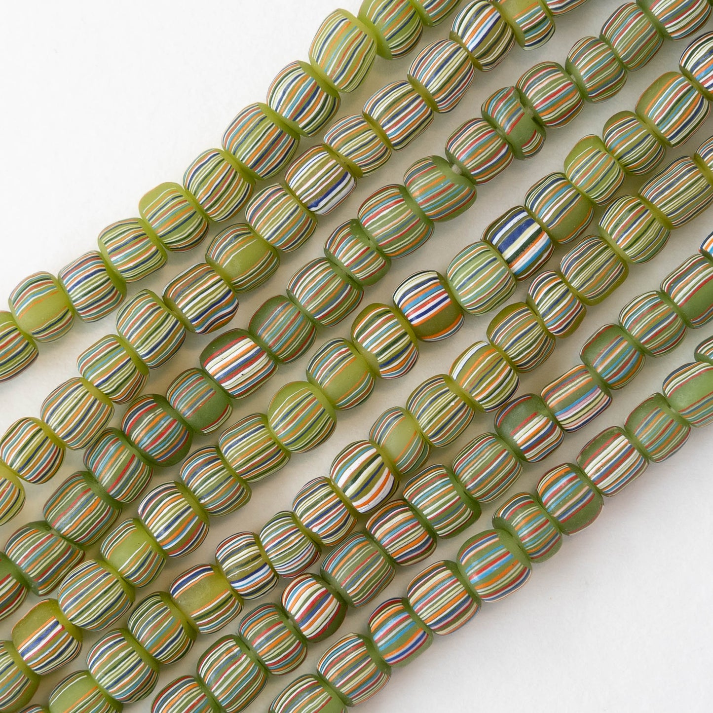 Glass Java Beads - Green with Stripes - Whole or Half Strand