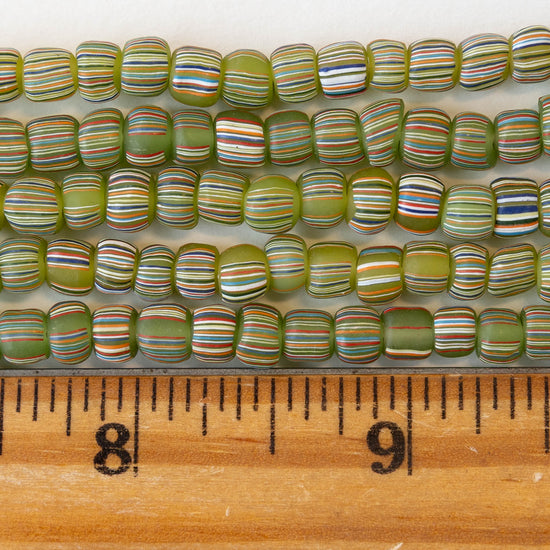 Glass Java Beads - Green with Stripes - Whole or Half Strand