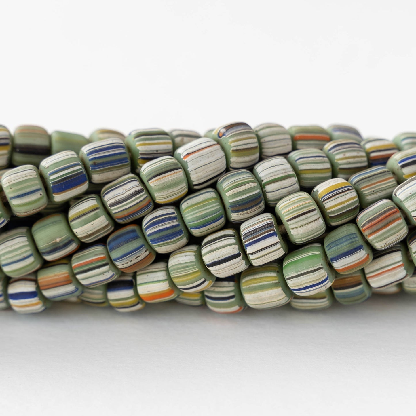 Glass Java Beads - Green with Stripes - Whole or Half Strand