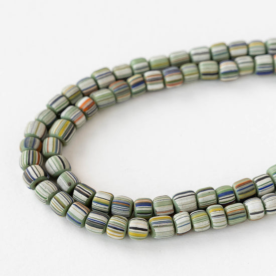 Glass Java Beads - Green with Stripes - Whole or Half Strand
