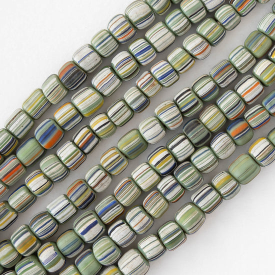 Glass Java Beads - Green with Stripes - Whole or Half Strand