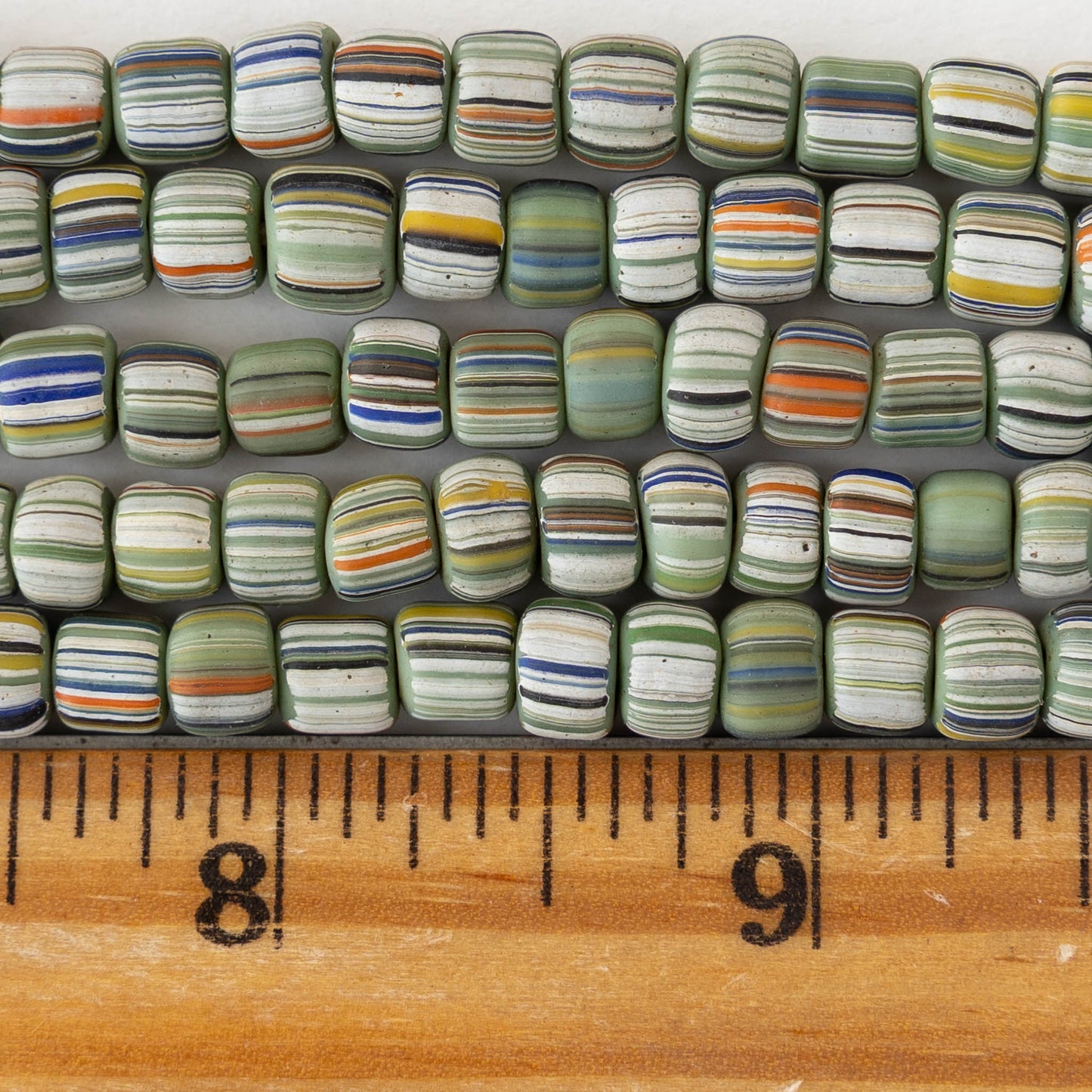 Glass Java Beads - Green with Stripes - Whole or Half Strand