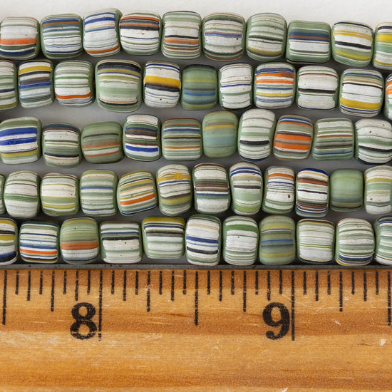 Glass Java Beads - Green with Stripes - Whole or Half Strand