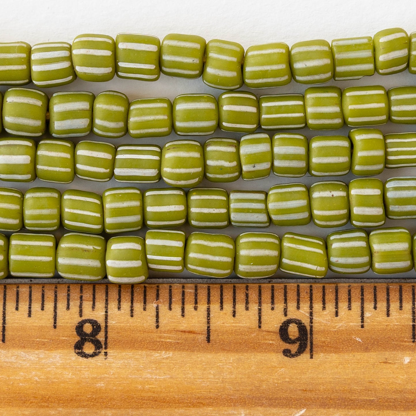 Glass Java Beads - Opaque Green with White Stripes - Whole or Half Strand