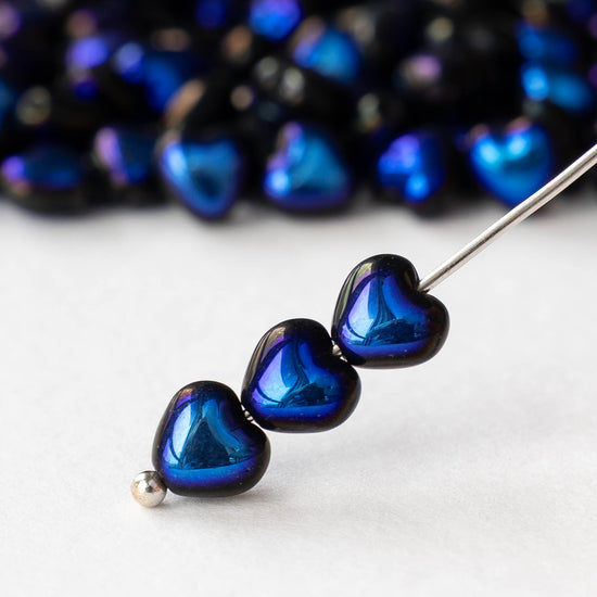 6mm Glass Heart Beads - Black Metallic Blue - 25 hearts