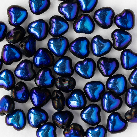 6mm Glass Heart Beads - Black Metallic Blue - 25 hearts