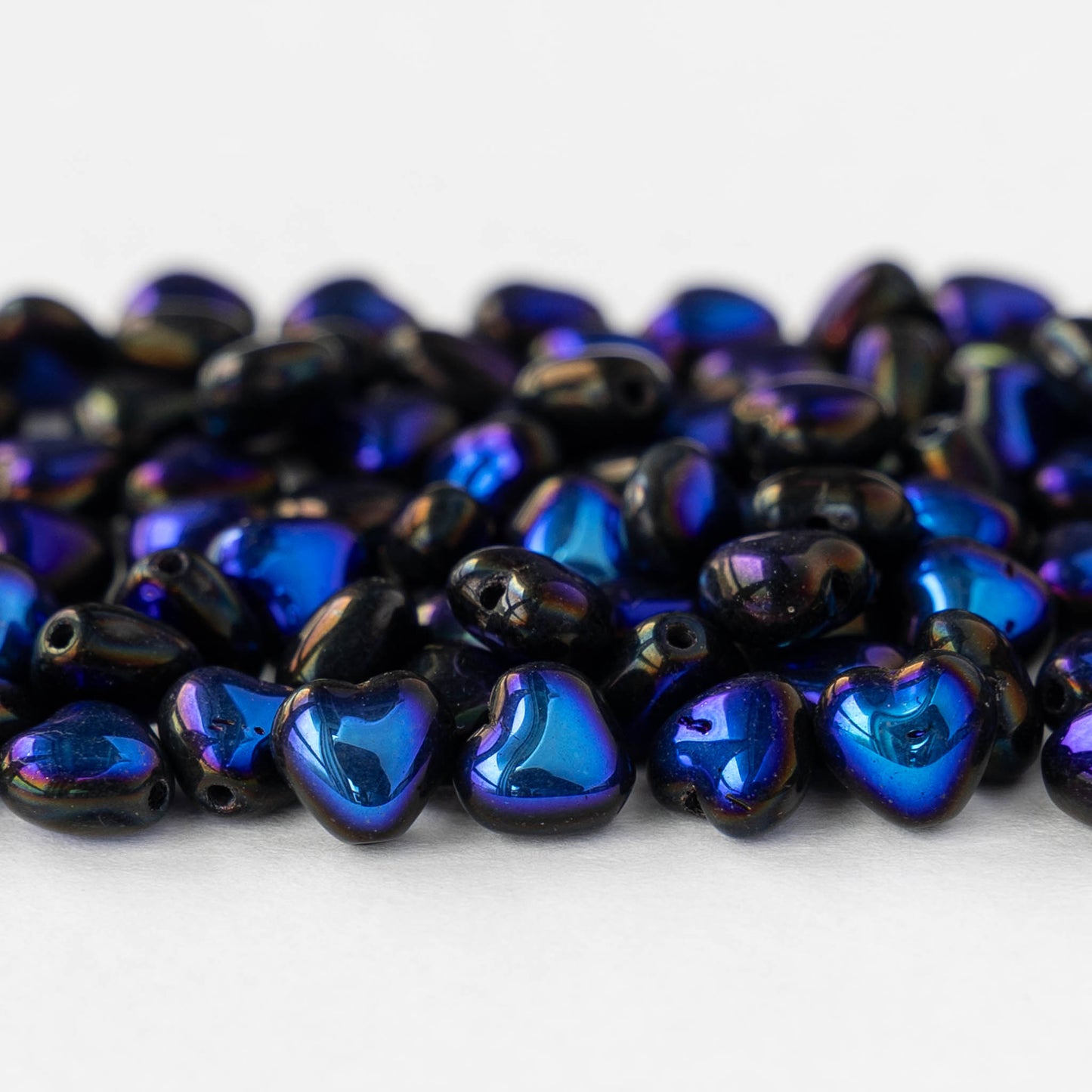 6mm Glass Heart Beads - Black Metallic Blue - 25 hearts