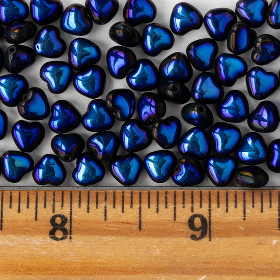 6mm Glass Heart Beads - Black Metallic Blue - 25 hearts