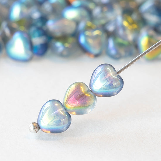 6mm Glass Heart Beads - Crystal Blue Rainbow - 25 hearts