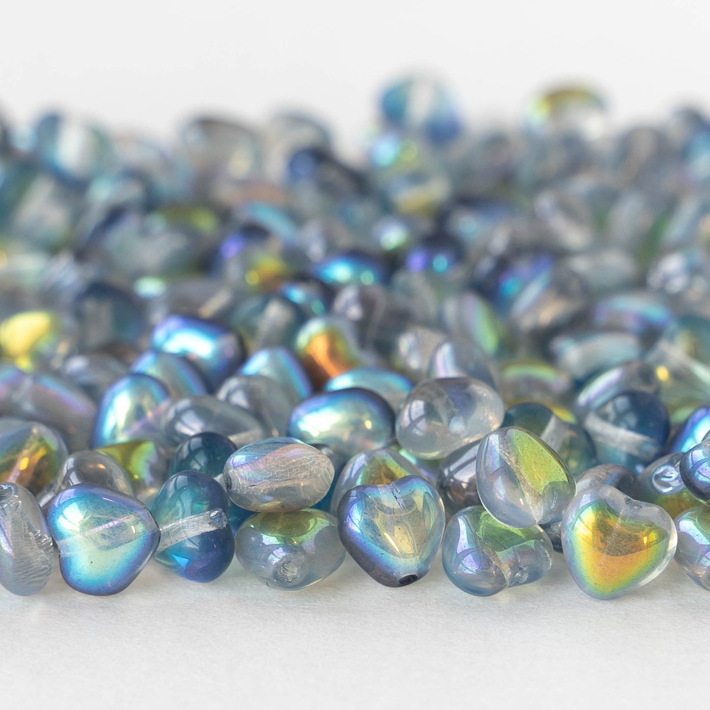 6mm Glass Heart Beads - Crystal Blue Rainbow - 25 hearts