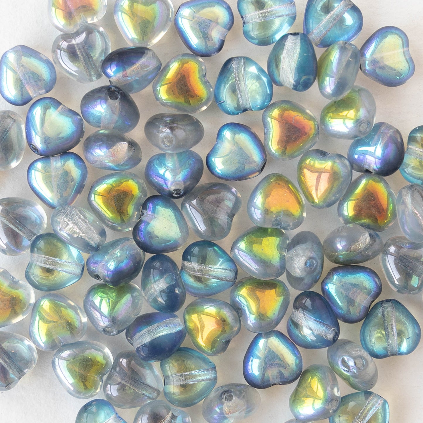 6mm Glass Heart Beads - Crystal Blue Rainbow - 25 hearts