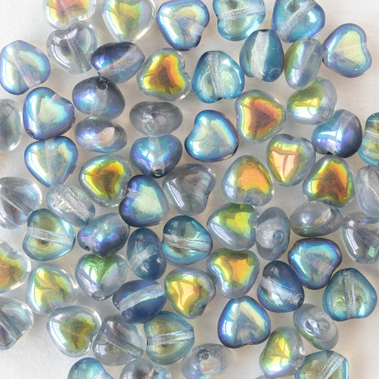 6mm Glass Heart Beads - Crystal Blue Rainbow - 25 hearts