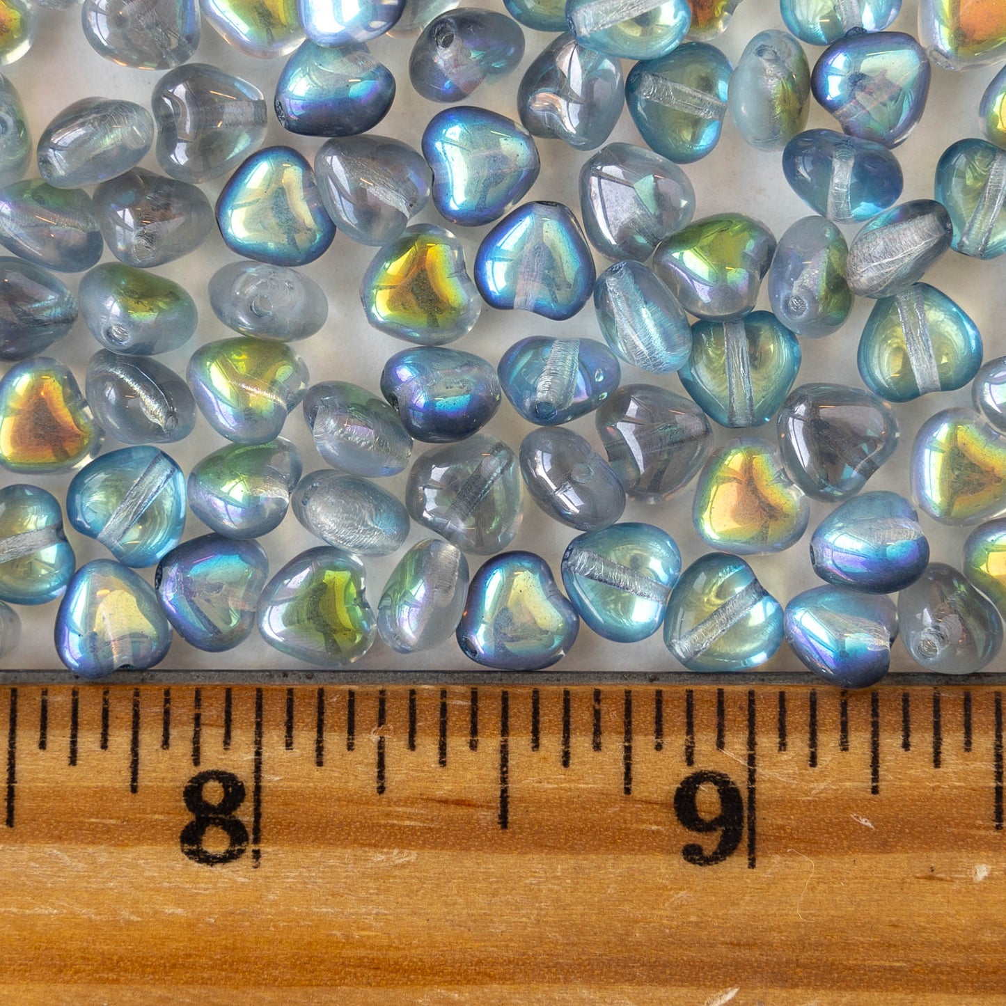 6mm Glass Heart Beads - Crystal Blue Rainbow - 25 hearts