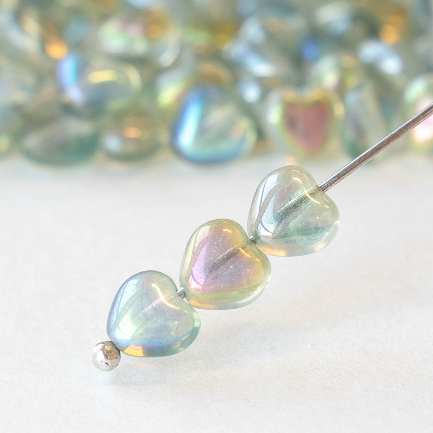 6mm Glass Heart Beads - Crystal Green Rainbow - 25 hearts