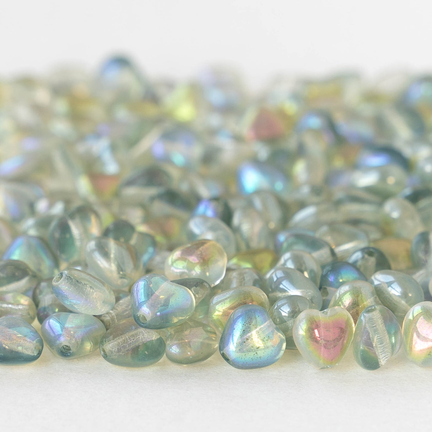 6mm Glass Heart Beads - Crystal Green Rainbow - 25 hearts