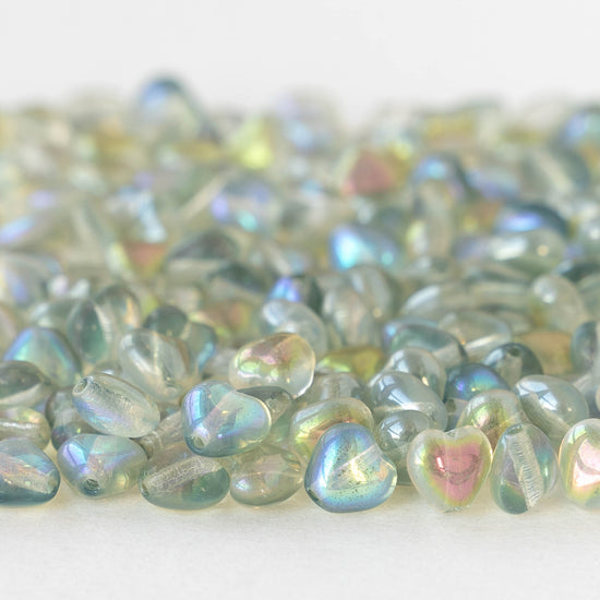 6mm Glass Heart Beads - Crystal Green Rainbow - 25 hearts