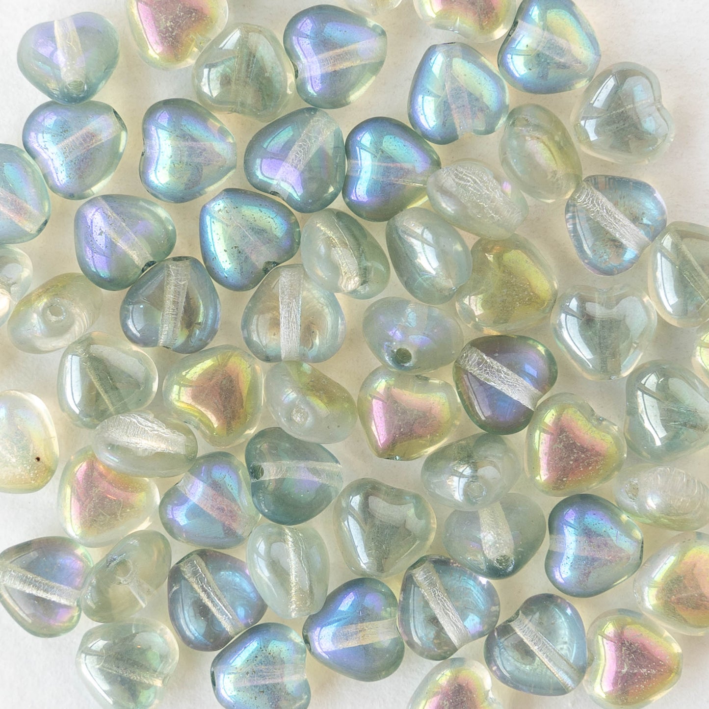 6mm Glass Heart Beads - Crystal Green Rainbow - 25 hearts