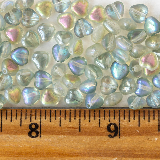 6mm Glass Heart Beads - Crystal Green Rainbow - 25 hearts