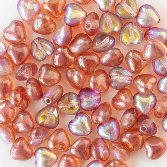 6mm Glass Heart Beads - Crystal Orange Rainbow - 25 hearts