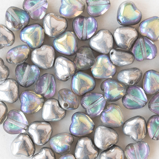 6mm Glass Heart Beads - Crystal Full Silver Rainbow - 25 hearts