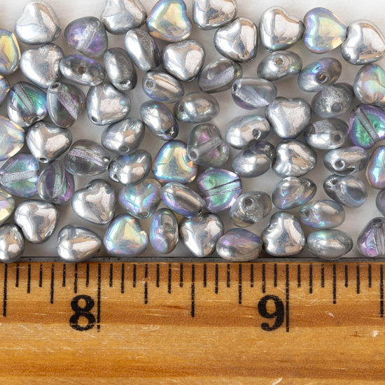6mm Glass Heart Beads - Crystal Full Silver Rainbow - 25 hearts
