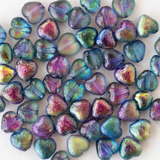 6mm Glass Heart Beads - Etched Crystal Magic Blue AB - 25 hearts