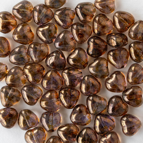 6mm Glass Heart Beads - Transparent Smokey Topaz with Gold Luster - 25 hearts