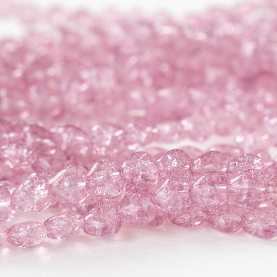 6mm Glass Heart Beads - Pink Crackle - 25 hearts