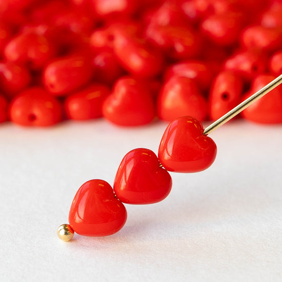 6mm Glass Heart Beads - Opaque Red - 25 hearts