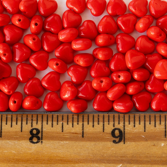 6mm Glass Heart Beads - Opaque Red - 25 hearts