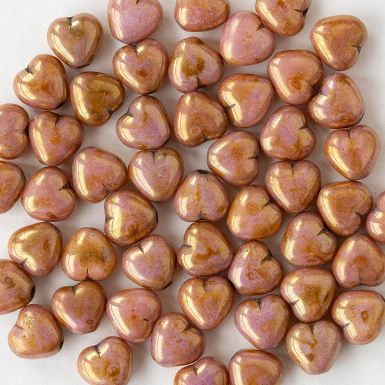 6mm Glass Heart Beads - Opaque Rose Gold Topaz - 25 hearts