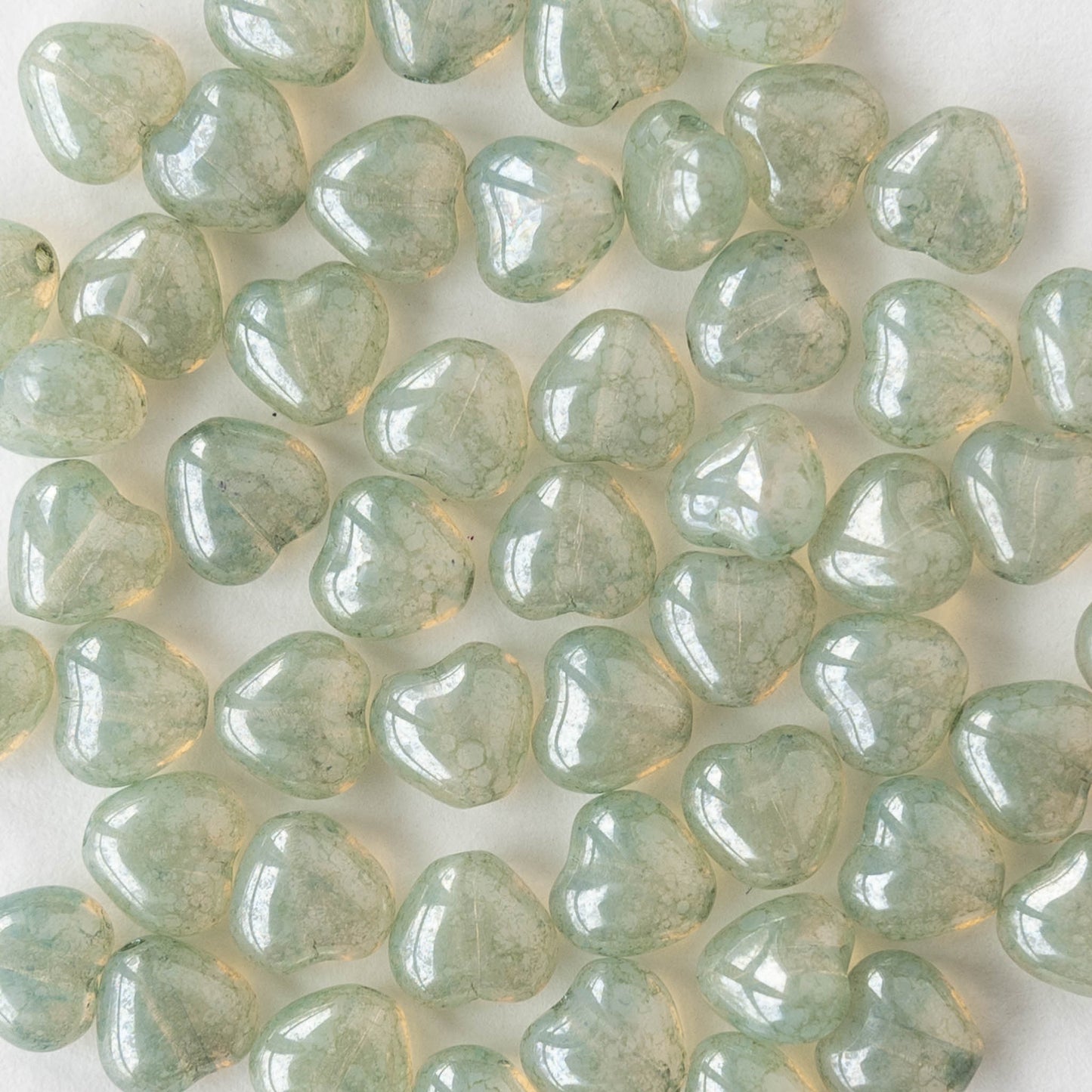 6mm Glass Heart Beads - Transparent Light Green Luster - 25 hearts