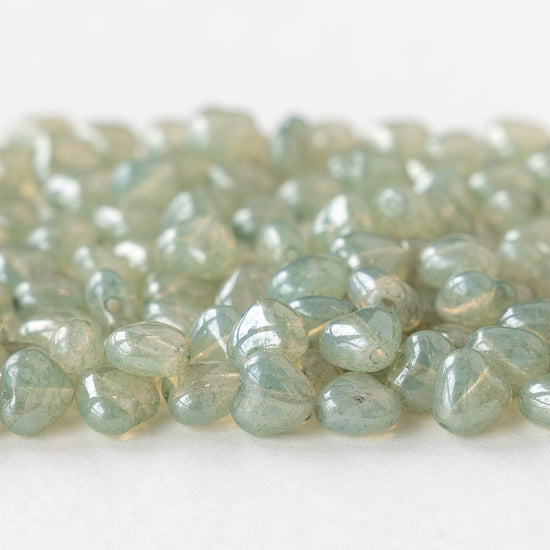 6mm Glass Heart Beads - Transparent Light Green Luster - 25 hearts