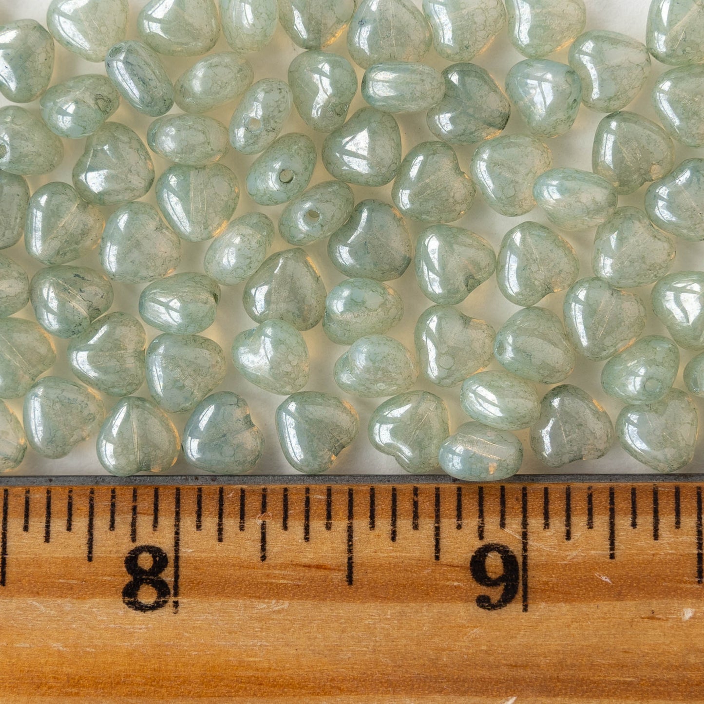 6mm Glass Heart Beads - Transparent Light Green Luster - 25 hearts