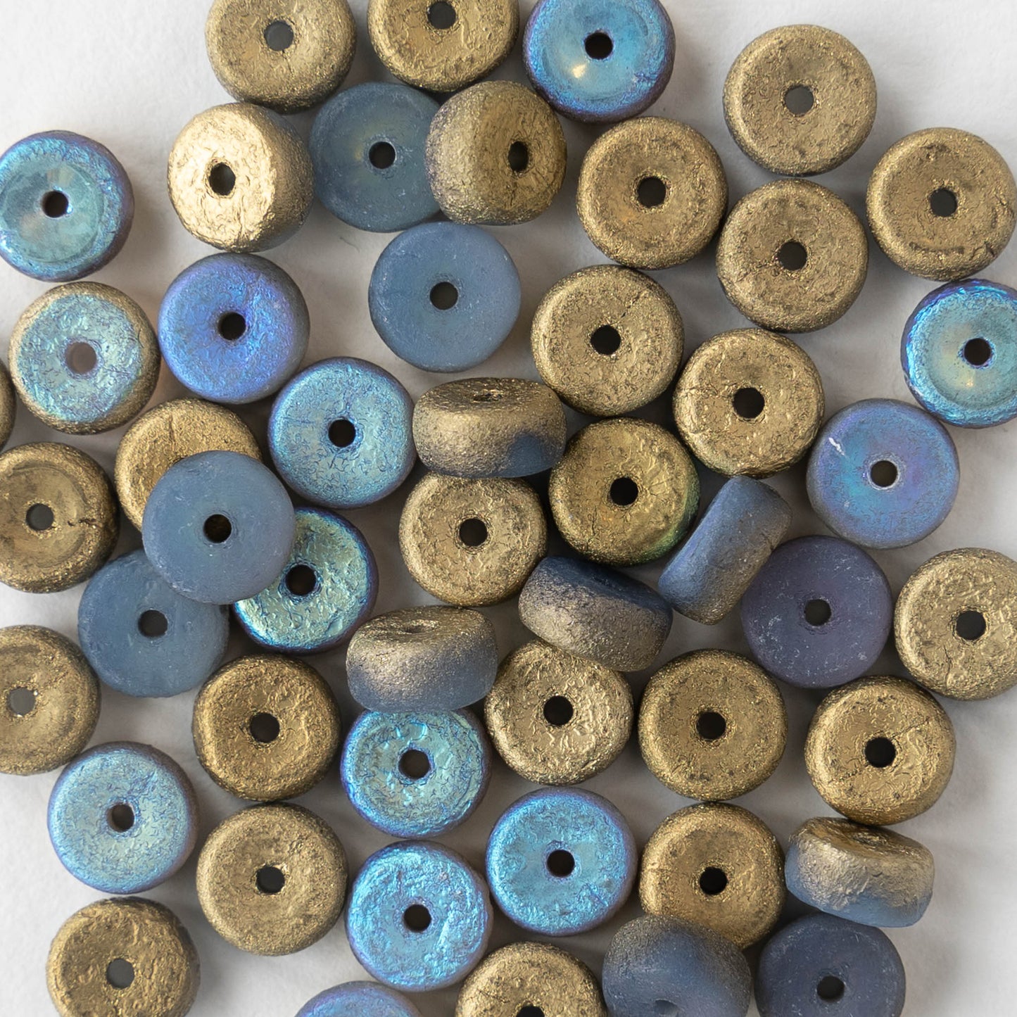 6mm Glass Heishi Beads - Etched Light Blue with Gold - 25 Beads