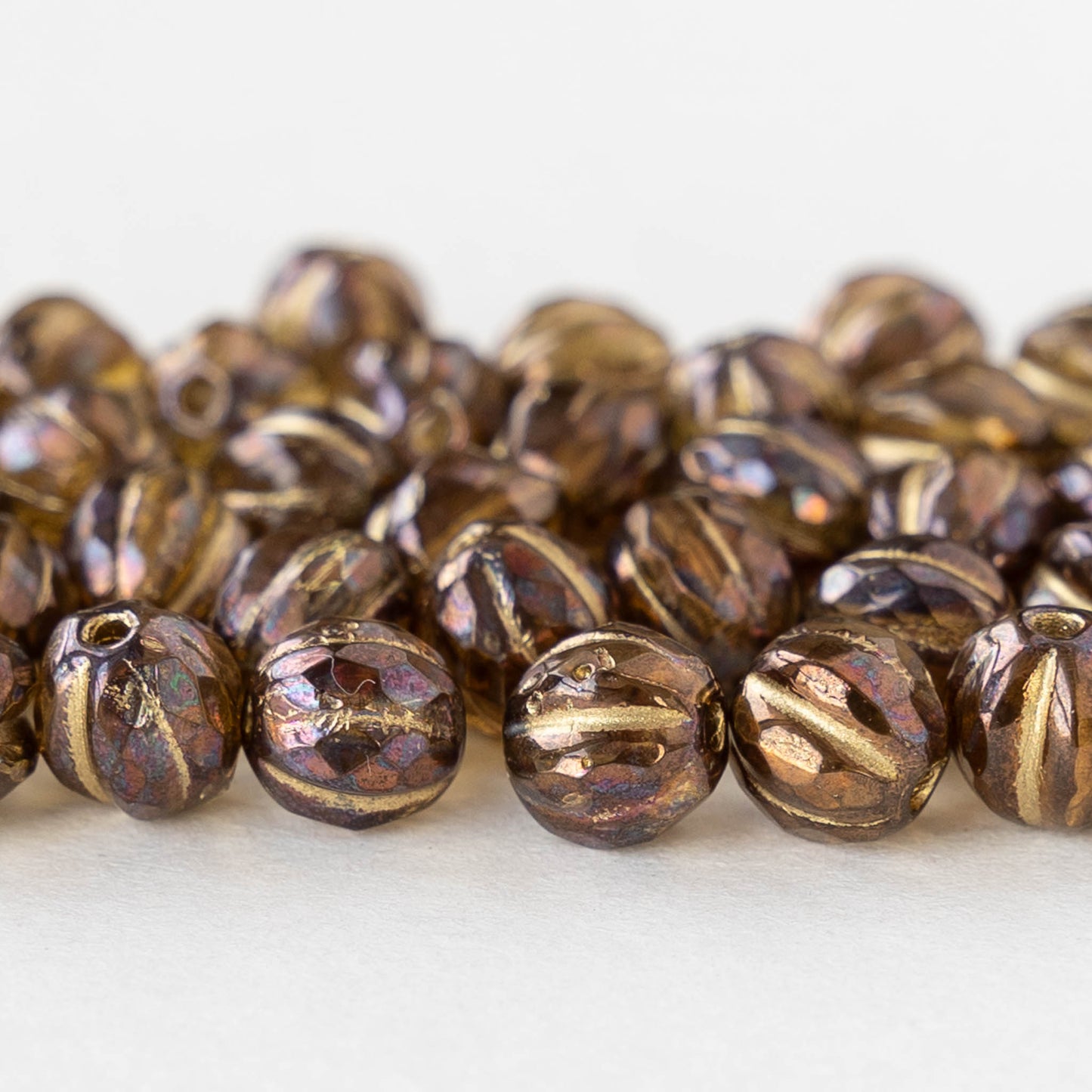 6mm Faceted Round Glass Melon Bead - Bronze with Gold Wash - 10 or 20 Beads