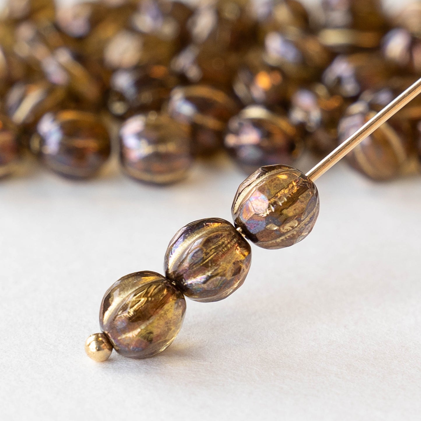 6mm Faceted Round Glass Melon Bead - Bronze with Gold Wash - 10 or 20 Beads