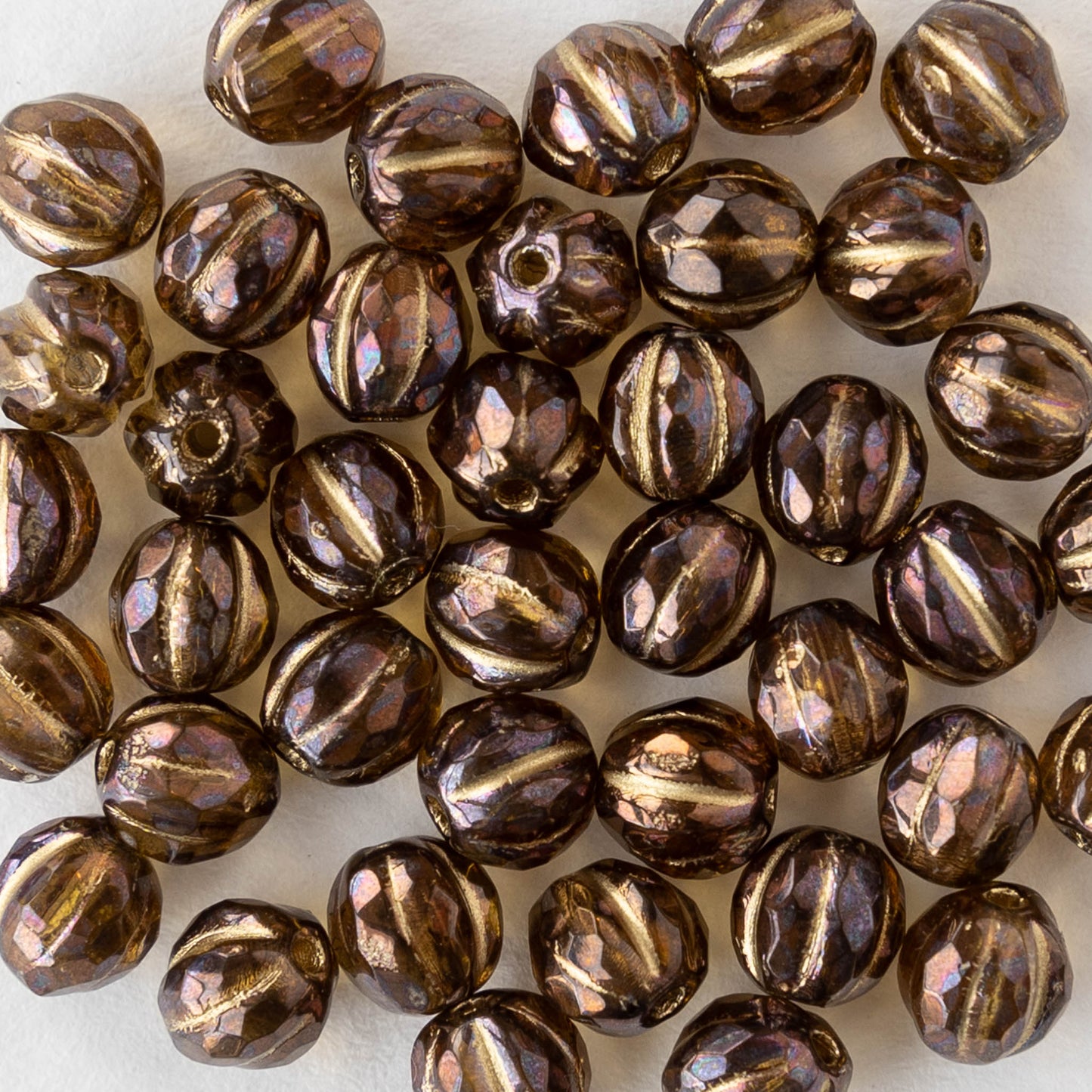 6mm Faceted Round Glass Melon Bead - Bronze with Gold Wash - 10 or 20 Beads