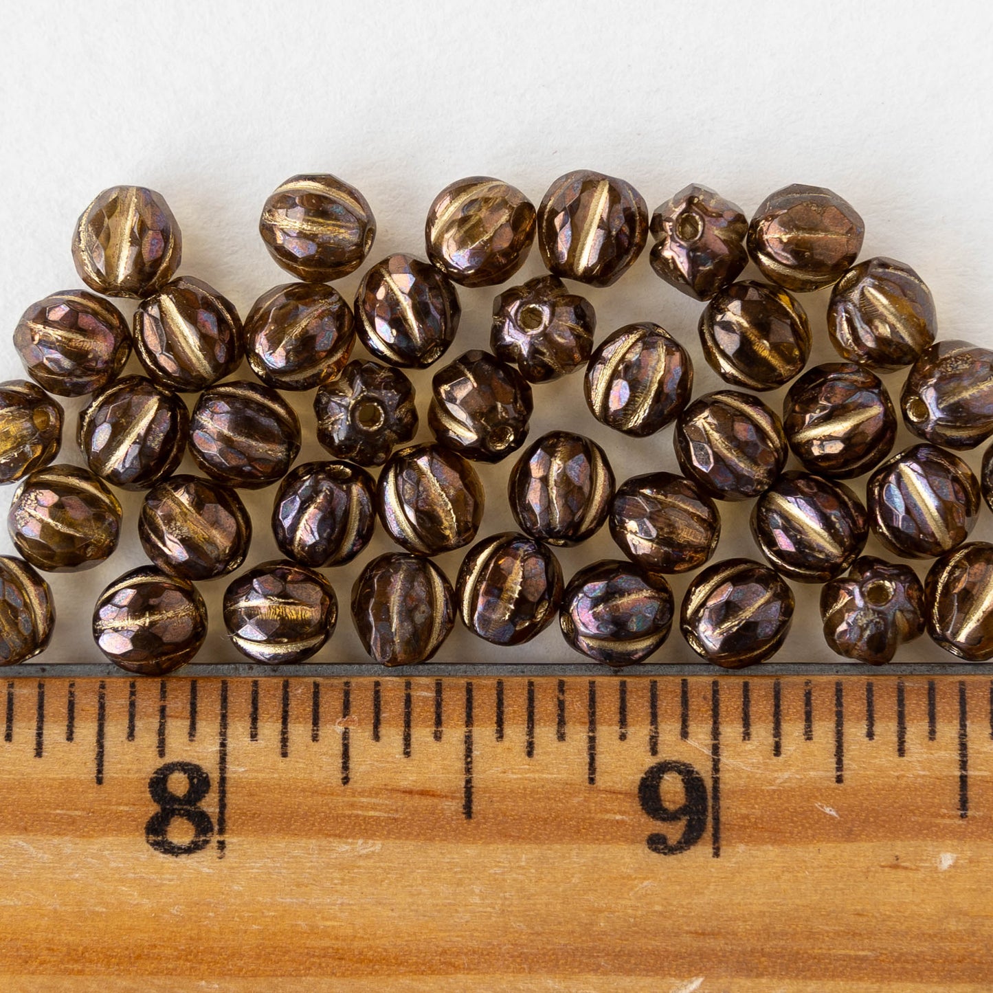 6mm Faceted Round Glass Melon Bead - Bronze with Gold Wash - 10 or 20 Beads