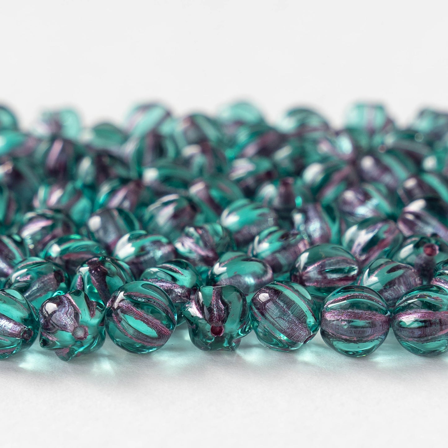 6mm Glass Melon Bead - Transparent Seafoam with Purple Wash - 50 Beads