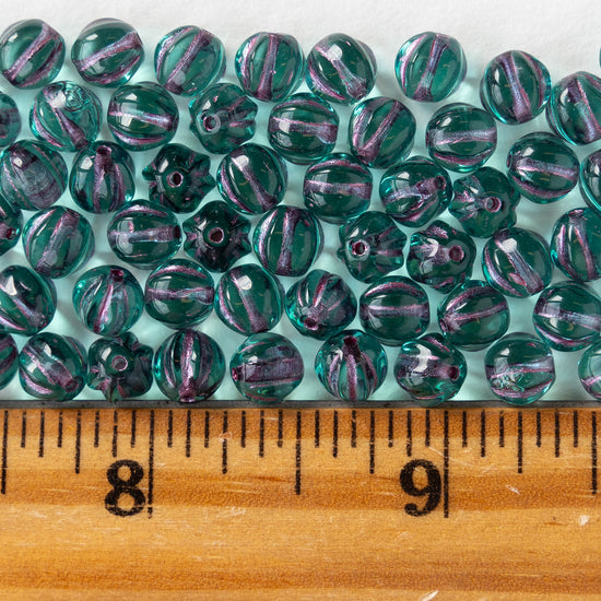 6mm Glass Melon Bead - Transparent Seafoam with Purple Wash - 50 Beads