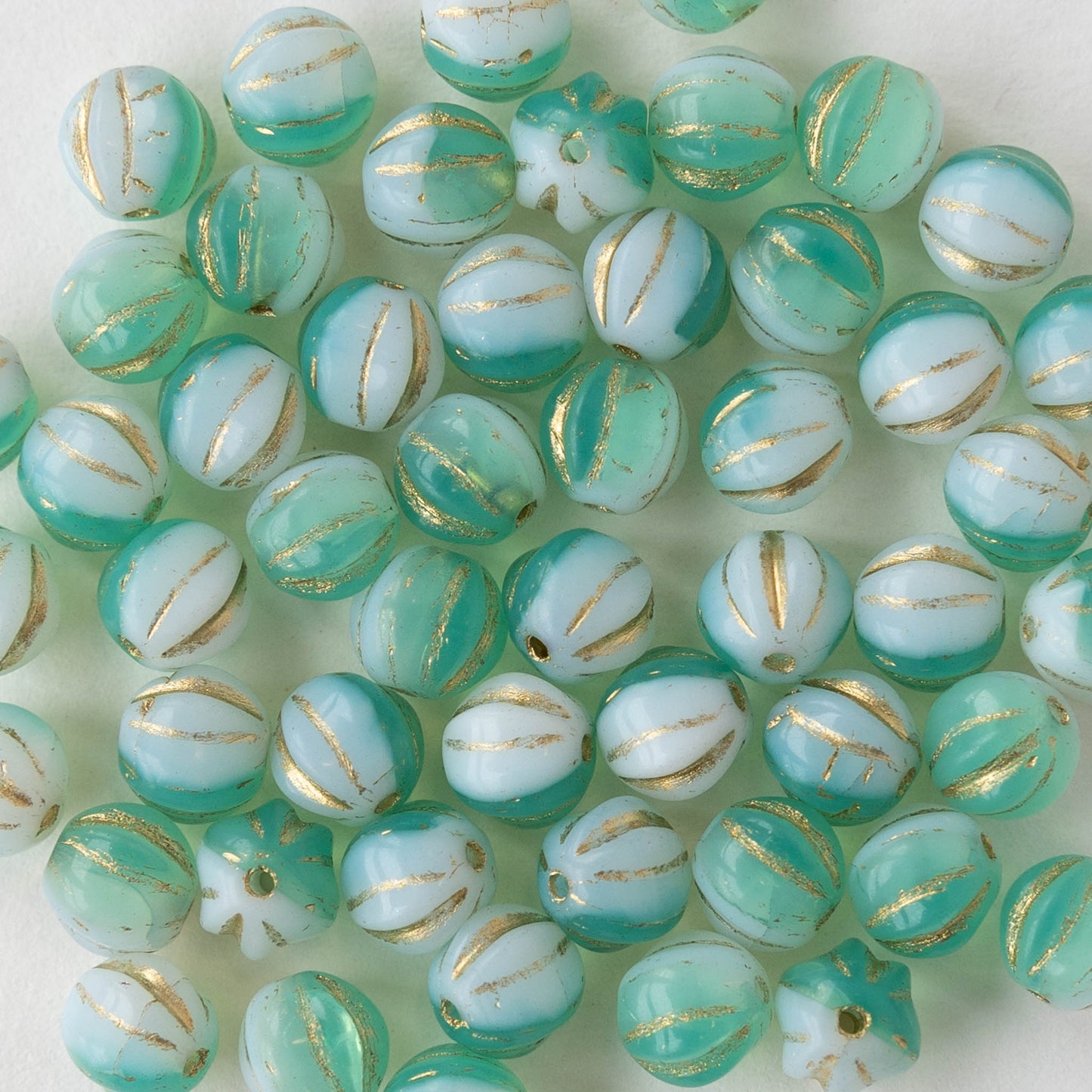 6mm Melon Bead - Seafoam White Mix with Gold - 50 Beads