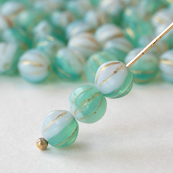 6mm Melon Bead - Seafoam White Mix with Gold - 50 Beads