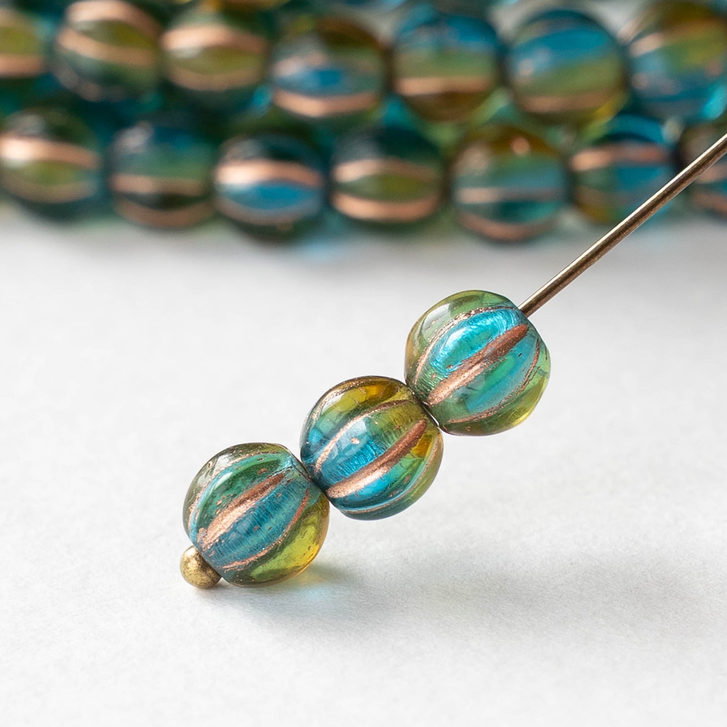 6mm Melon Bead - Teal Amber Mix with Copper Wash - 25 beads