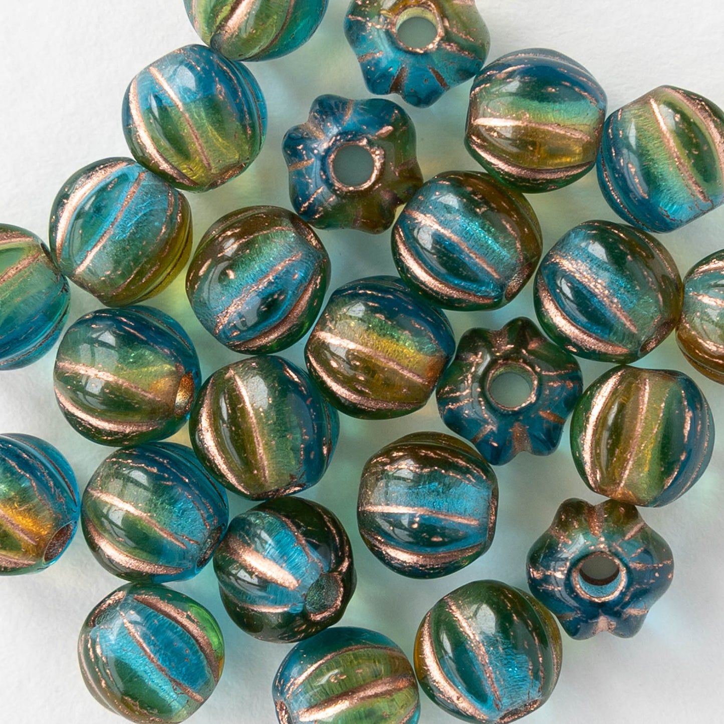 6mm Melon Bead - Teal Amber Mix with Copper Wash - 25 beads