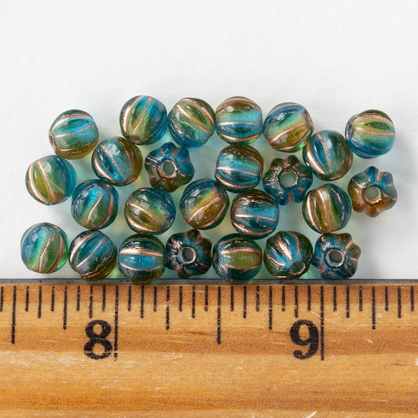 6mm Melon Bead - Teal Amber Mix with Copper Wash - 25 beads