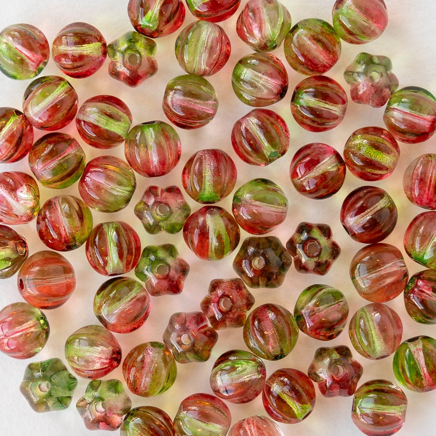 6mm Glass Melon Bead - Transparent Watermelon Pink and Green - 50 Beads