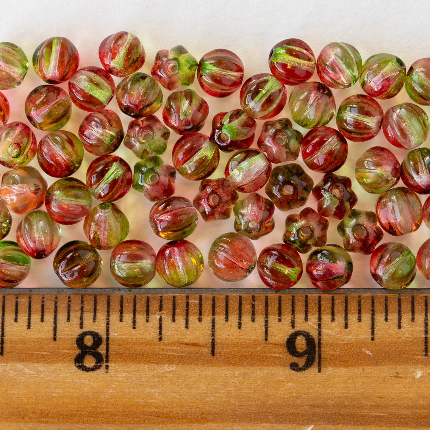 6mm Glass Melon Bead - Transparent Watermelon Pink and Green - 50 Beads