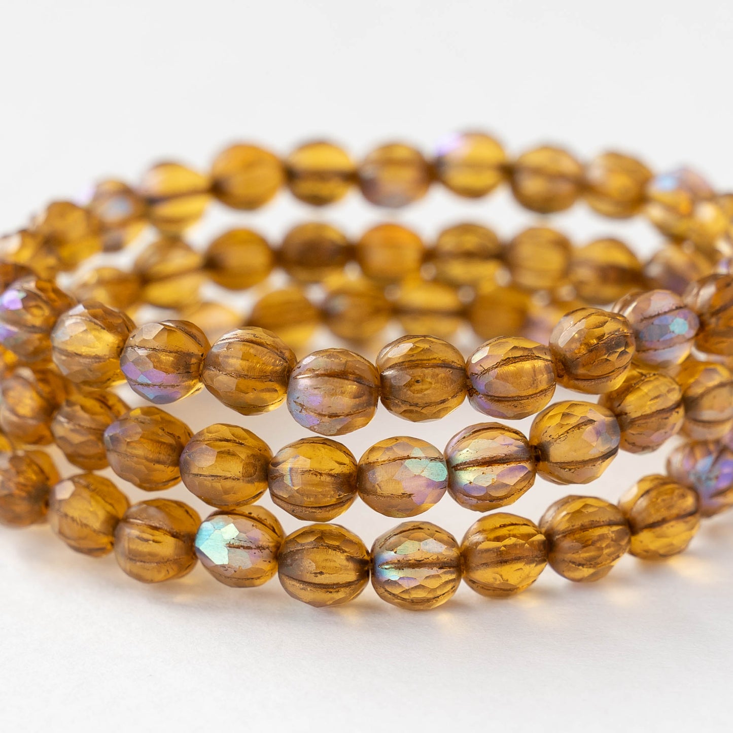 6mm Faceted Round Glass Melon Bead - Amber AB Matte - 10 or 30 Beads